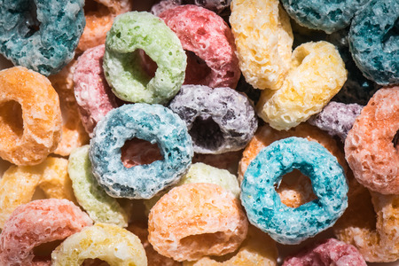 Closeup picture of a colorful fruit cereal loopsの写真素材
