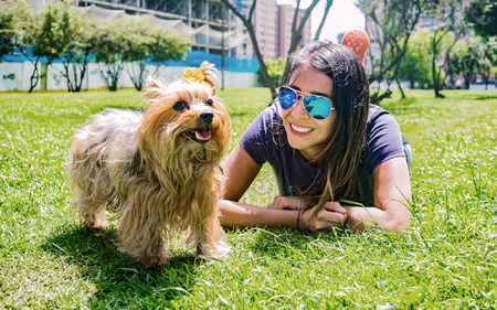 Latin woman with sunglasses enjoying a quiet afternoon in the park with her faithful canine friend, a beautiful Yorkshire Terrierの写真素材