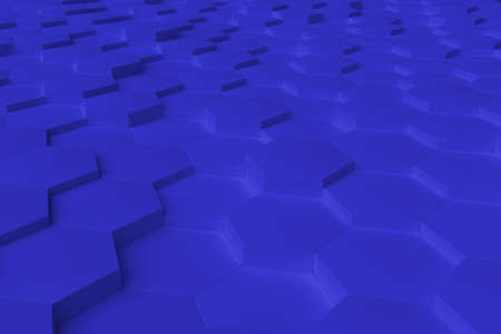 Blue monochrome hexagon tiles, perspective, abstract background, horizontalの写真素材