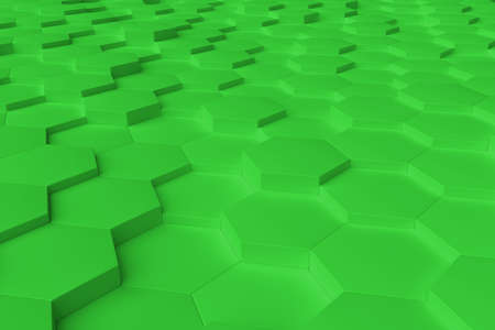 Green monochrome hexagon tiles, perspective, abstract background, horizontalの写真素材