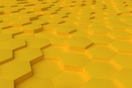 Yellow monochrome hexagon tiles, perspective, abstract background, horizontalの写真素材