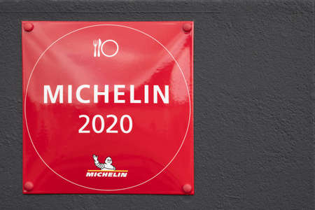 Hjorring, Denmark, June 22, 2020 - Plate Michelin sign outside Bryghuset Vendiaのeditorial素材