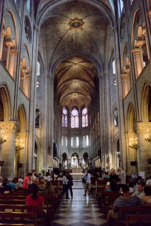Paris, France - June 2, 2017: Notre Dame Cathedral interior view. This is one of the most important examples of Gothic architecture in the world. It was destroyed by fire April 15, 2019. Editorialのeditorial素材