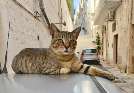 An Italian cat lounges on a parked car in southern Italy.