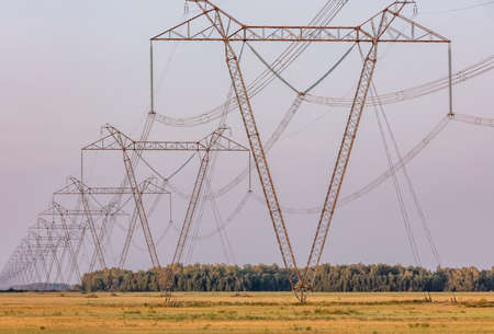 Perspective low angle view of high voltage power lines and poles in the countryside.の写真素材