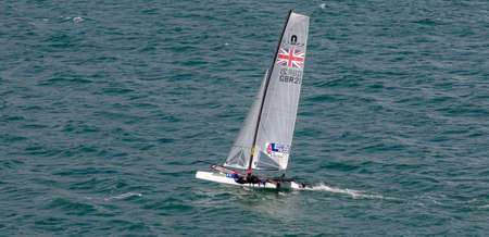 Portland harbour, United Kingdom - July 2, 2020: High Angle aerial panoramic shot of racing...