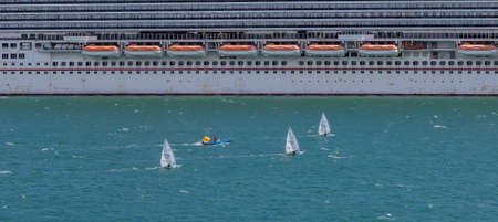 Portland harbour, United Kingdom - July 2, 2020: High Angle aerial panoramic shot of the laser class...