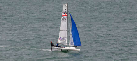 Portland harbour, United Kingdom - July 1, 2020: High Angle aerial panoramic shot of racing...