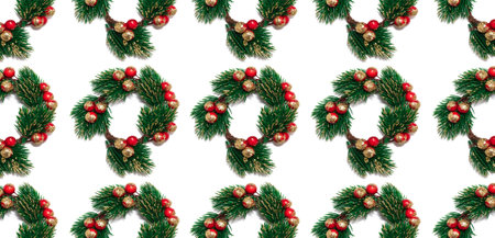 Decorative Christmas wreath woven of spruce branches with red and golden berries. Seamless pattern....