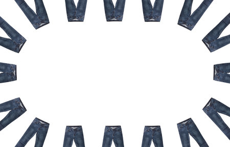 Front pockets, waist, leg areas, zippers, and buttons of 16 pairs of dark blue jeans isolated, white background. Close up shot. Jeans encircle copy space in the middle. Clothing, jeans store concept.の写真素材