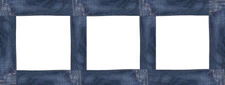 Rectangular frame with three boxed sections made of dark blue jeans on white background. Isolated. Banner size. Copy space. Shopping, trade, jeans store concepts.の写真素材
