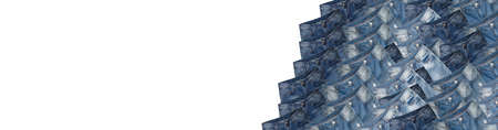 Huge pile of blue jeans isolated on white background. Jeans have white faded spots, ripped holes. Banner size, copy space in the middle. Clothing, online store concepts.の写真素材