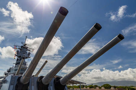Pearl Harbor, Hawaii, USA - September 24, 2018: Huge cannons of USS Missouri docked in Pearl Harbor....
