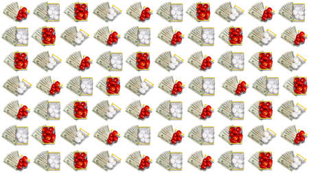 Ripe red tomatoes and fresh white eggs in shopping baskets and carts with us dollar bills underneath them. Tomatoes, eggs shopping. Seamless pattern. Website background. Isolated on white background.の写真素材