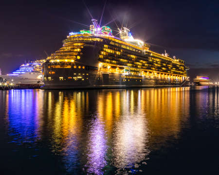 Nassau, Bahamas - August 24, 2019: Shot of Mariner of the Seas in Prince George Wharf at night....