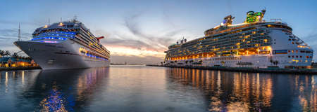 Nassau, Bahamas - June 22, 2019: Beautiful panoramic shot of Carnival Liberty, Mariner of the Seas...