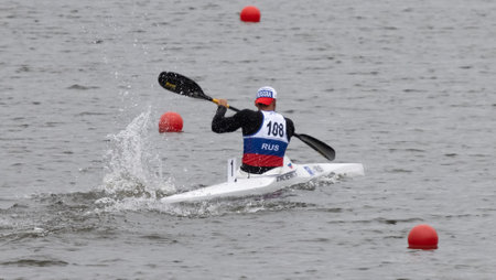 Barnaul, Russia - May 22, 2021: Russian athlete Dyachenko A. competing in K1 M event in 2021 ICF...