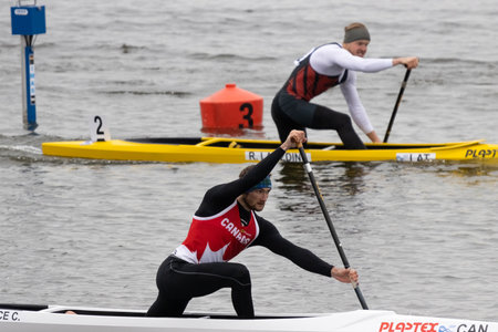 Barnaul, Russia - May 22, 2021: Athlete from Canada competing in C1 M event in 2021 ICF Canoe Sprint...