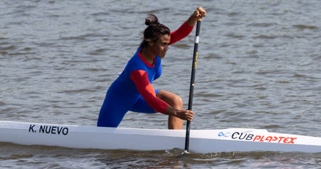 Barnaul, Russia - May 23, 2021: Cuban athlete K. Nuevo competing in C1 W event in 2021 ICF Canoe Sprint World Cup and Olympic Qualification.のeditorial素材