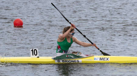 Barnaul, Russia - May 23, 2021: Athlete from Mexico B. Briones competing during rain in K1 W event in 2021 ICF Canoe Sprint World Cup and Olympic Qualification.のeditorial素材