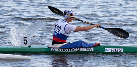 Barnaul, Russia - May 23, 2021: Athlete from Russia A. Kostromitina competing in K1 W event in 2021 ICF Canoe Sprint World Cup and Olympic Qualification.のeditorial素材