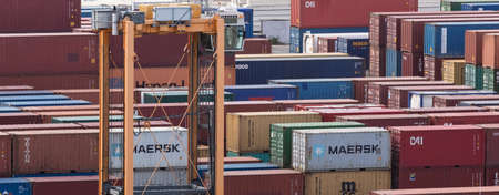 Bridgetown port, Barbados, West Indies - May 16, 2020: Bridgetown port. Maersk, Cai, Triton, Seaco shipping containers stored in the port. High angle shot. Aerial view.のeditorial素材