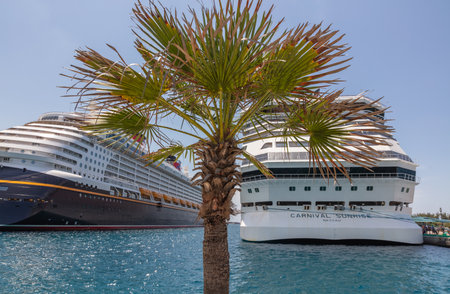 Nassau, Bahamas - May 14, 2019: Disney Dream and Carnival Sunrise cruise ships docked at Prince George Wharf. Palm tree and turquoise water in the foreground. Blue sky in the background.のeditorial素材