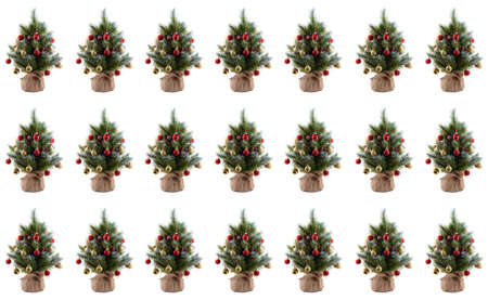 Christmas pine trees in pots wrapped in cloth and decorated with colorful balls, cones, red berries. Website background. Isolated, white background. Banner size. Seamless pattern.の写真素材