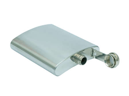 Stainless steel hip flask, isolated on a white background の写真素材