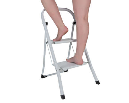 woman on a 2 steps ladder, white background