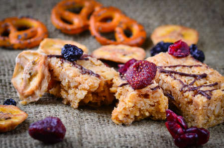 Grazing snack food flapjack and dried berries and fruitの写真素材