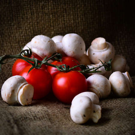Earthy tomatoes and mushrooms on a rustic backgroundの写真素材