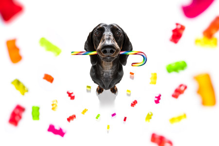 dachshund eating sweet candies and chewing bubble gum, isolated on white background in mouthの写真素材