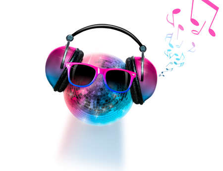 headphones dj disc jockey disco mirror ball in club with party music playing for dancing