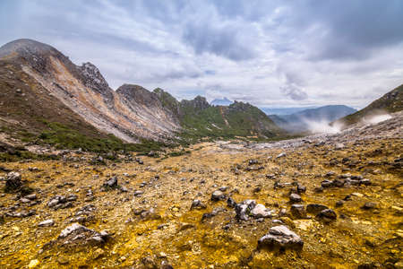 smoke fumarole at the crater of the Sibayak Volcanoの写真素材