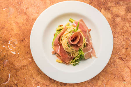 italian pasta linguine with ham and asparagus