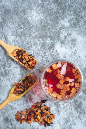 organic red berry tea in a glass mugの写真素材