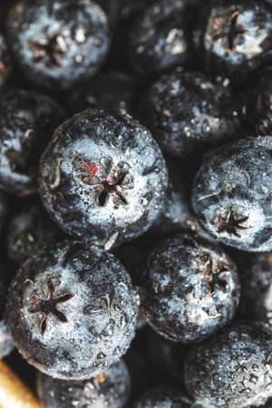 Close up of fresh blueberries. top view. Food background.の写真素材