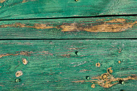 Old wood planks wall background. Grungy wood texture design. Material background of rusty green wooden panels. Green paint peelingの写真素材