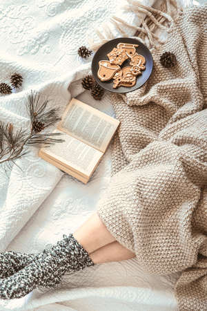 Cozy winter day at home in bed with warm knitted blanket, book and gingerbread. Woman wearing warm woolen socks on cold winter weekend. Christmas, relaxation and hygge conceptの写真素材