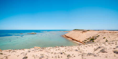 Scenic view of Indian ocean with turquoise colored water. Tropical landscape at Eagle Bluff lookout, Shark Bay World Heritage Site, Western Australiaの写真素材
