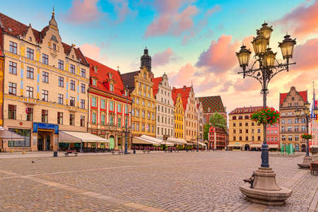 Wroclaw, July 2020: Exterior of colorful historical tenement houses at Old Market Square, the Old Town in Wroclaw, Lower Silesia. Tourism in Polandのeditorial素材
