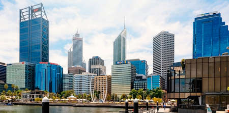 Perth, Nov 2019: Panoramic view of Elizabeth Quay with Perth city center, skyscrapers and modern sculpture called Spanda, Western Australiaのeditorial素材