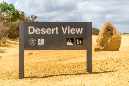 Cervantes, November 2019: Tourist sign with directions to desert view in the Pinnacles Desert, Nambung National Park, Western Australiaのeditorial素材