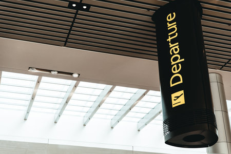 Big departure sign at international airport. Plane take off signの写真素材