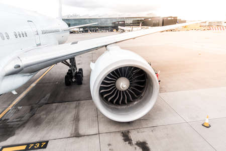 London, Heathrow Airport, Aug 2019: Close up of jet engine with spiral mark. Big commecial plane...