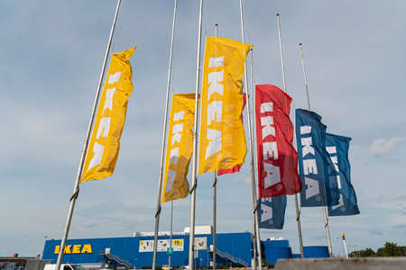 Warsaw, Poland, Sept 2020: IKEA logo on colorful flags.のeditorial素材
