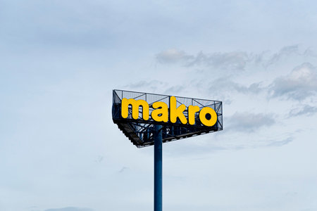 Warsaw, Poland, Sept 2020: Logo of Makro Cash & Carry wholesale supermarket storeのeditorial素材