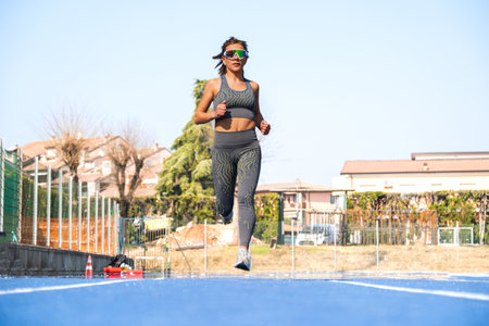 Young woman wearing sportswear is sprinting on a blue running track at an athletic stadium