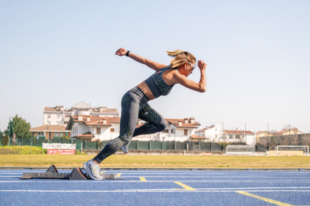 Young female athlete propels herself from the starting blocks of a running track on a bright and sunny dayの写真素材